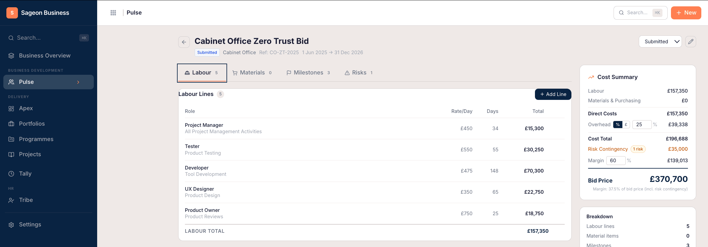 Bid cost calculator with labour, materials and margin breakdown