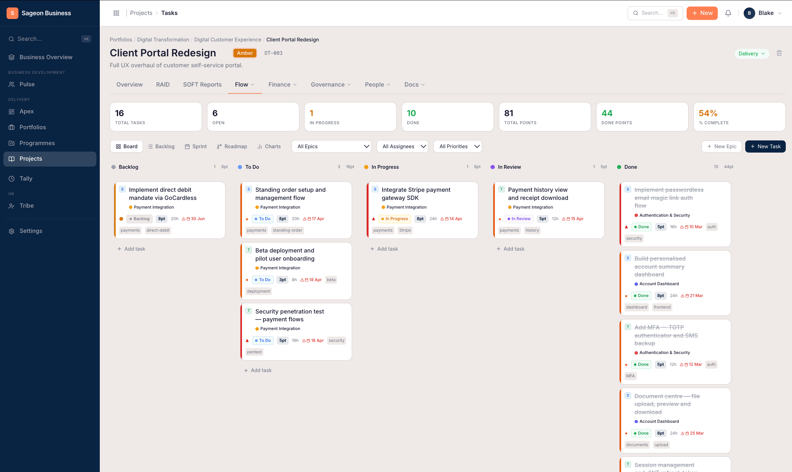 Kanban task board with backlog, in-progress, and done columns