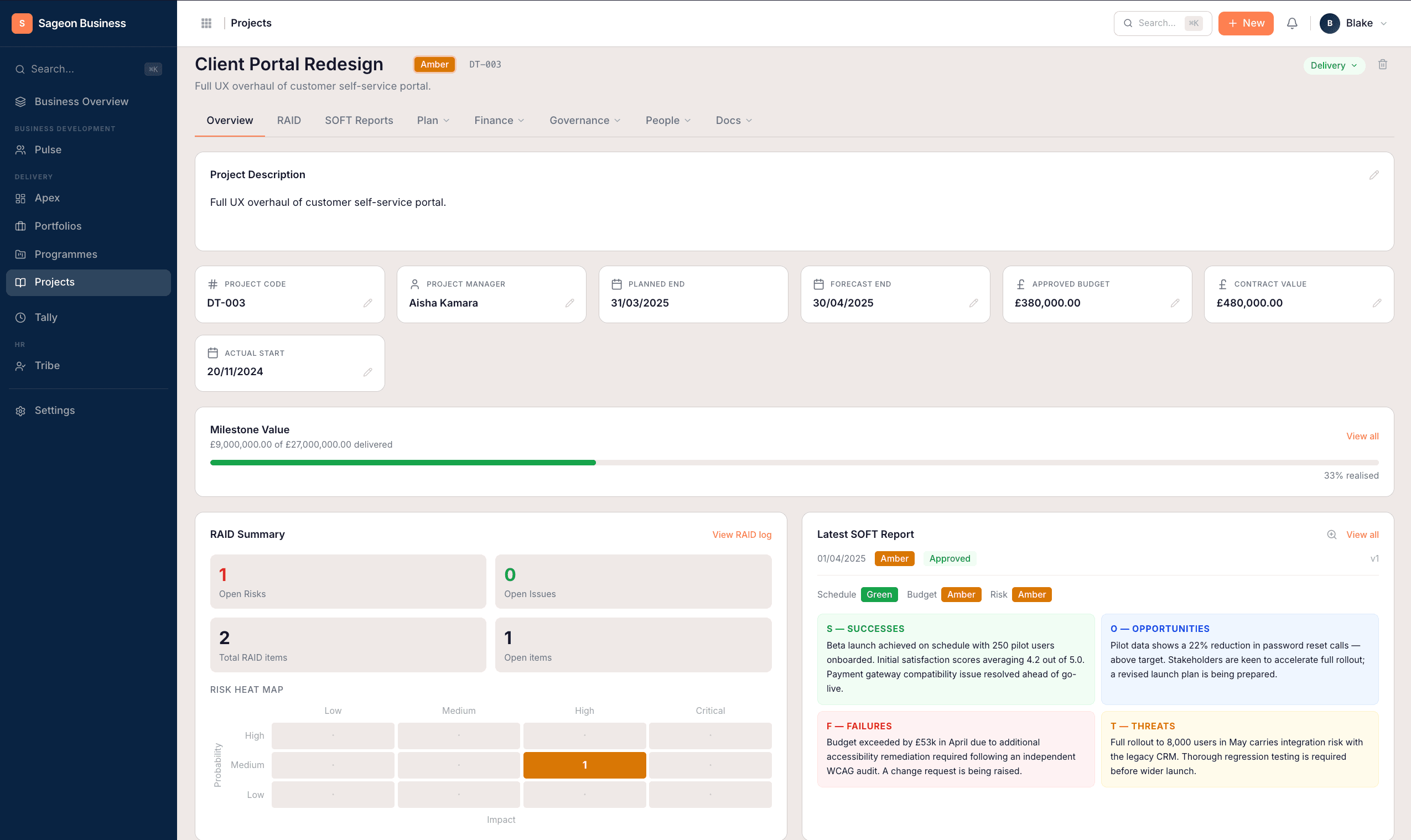Sageon Business - Project workspace with milestones, RAID summary and SOFT report